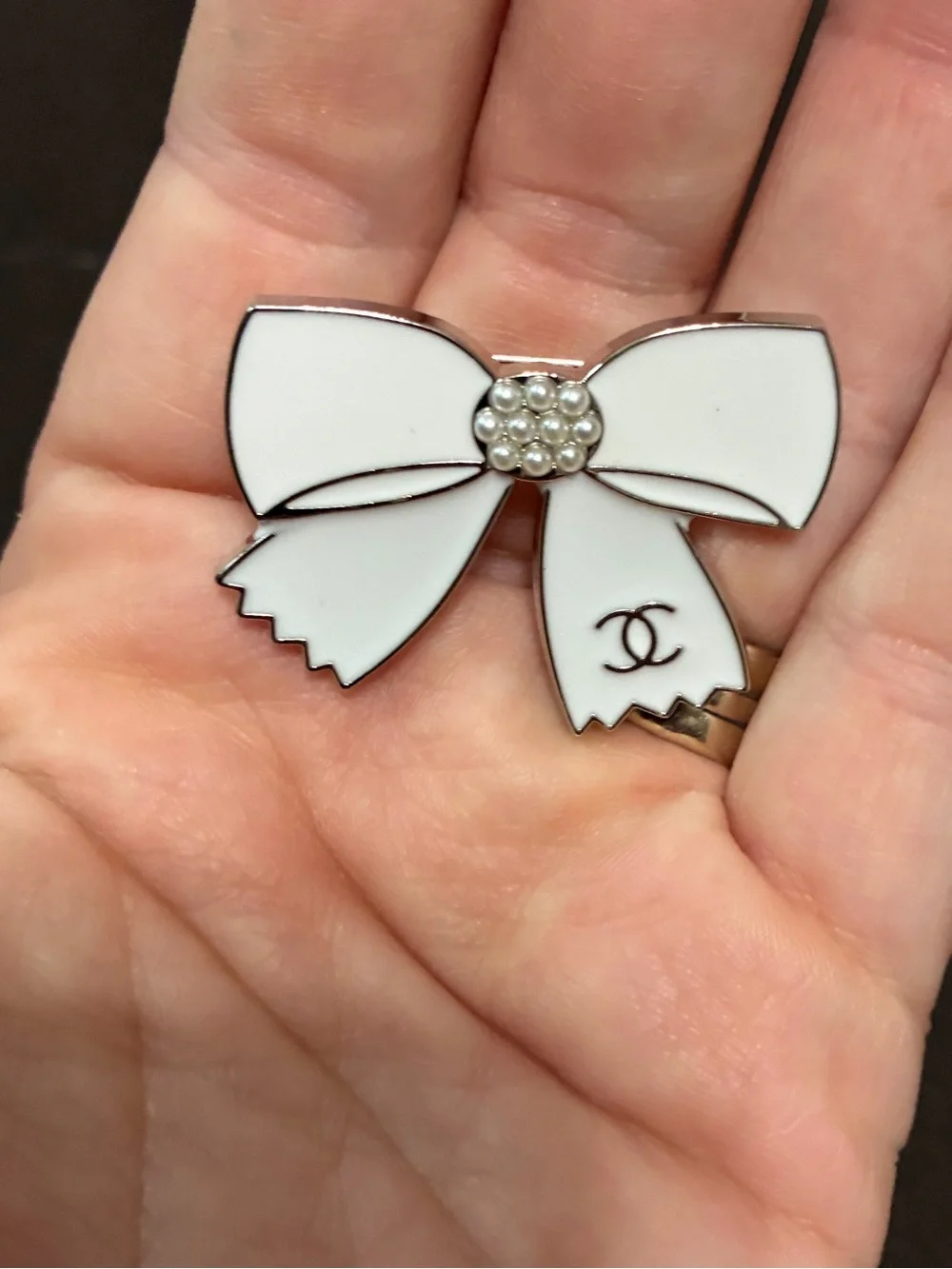 Silver Tone White Enamel Bow Brooch with Pearl Center